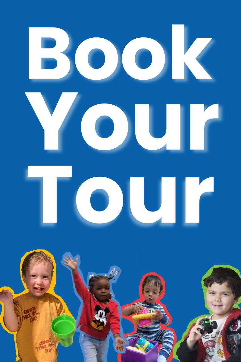 Book a tour call to action on a blue background with four children in front of it